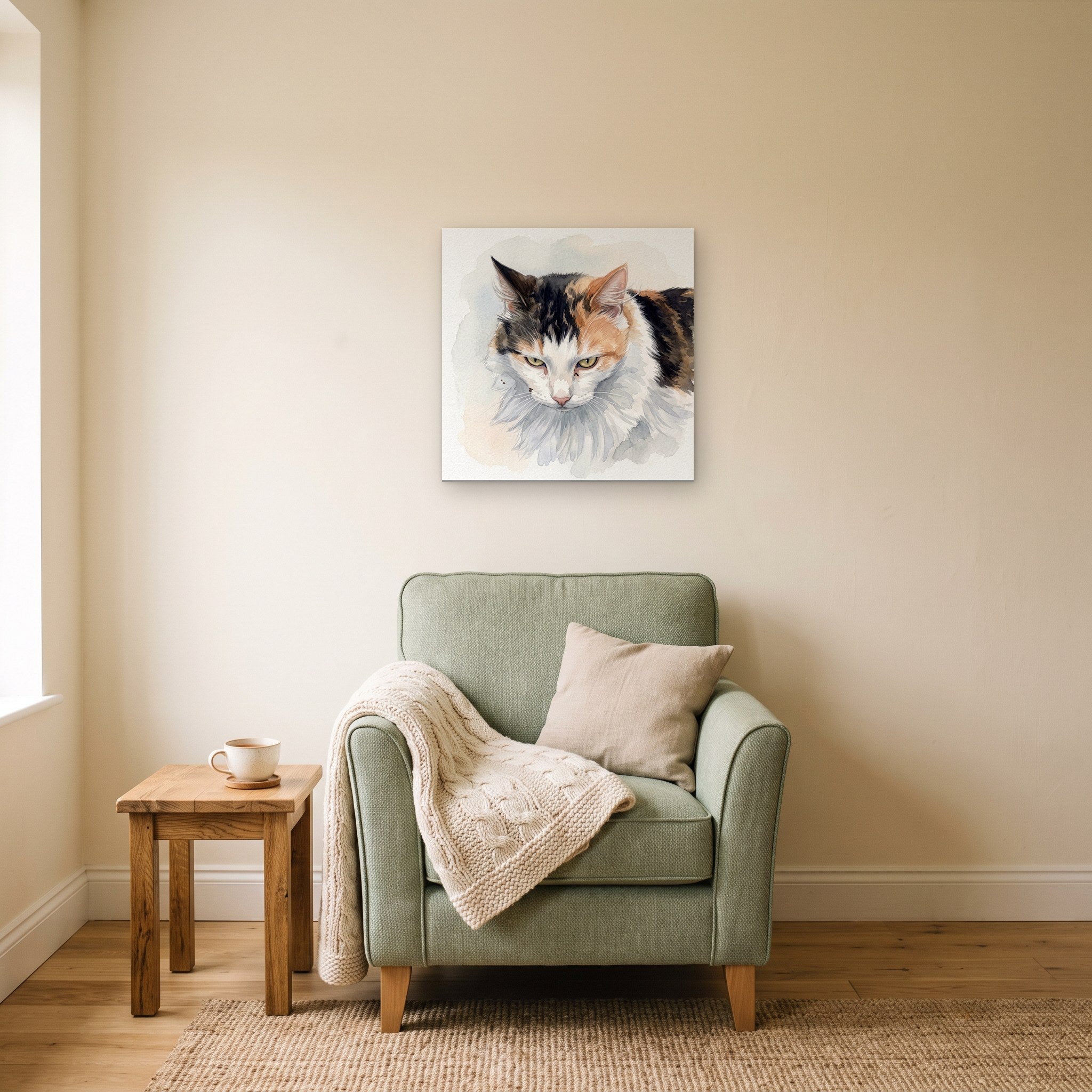 Watercolor portrait of a calico cat as a 20x20 canvas by a reading chair
