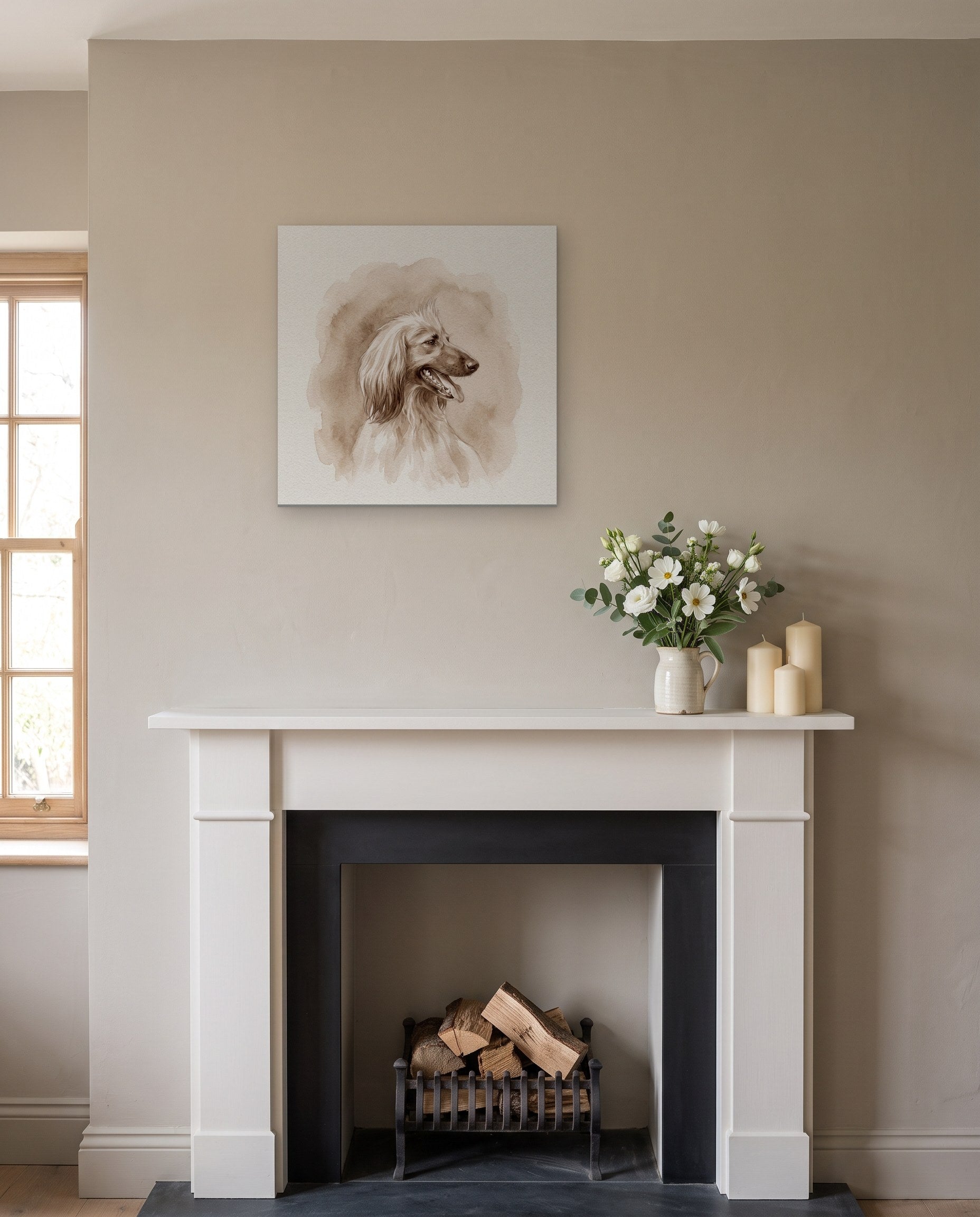 Memorial portrait in soft sepia watercolor on a mantel