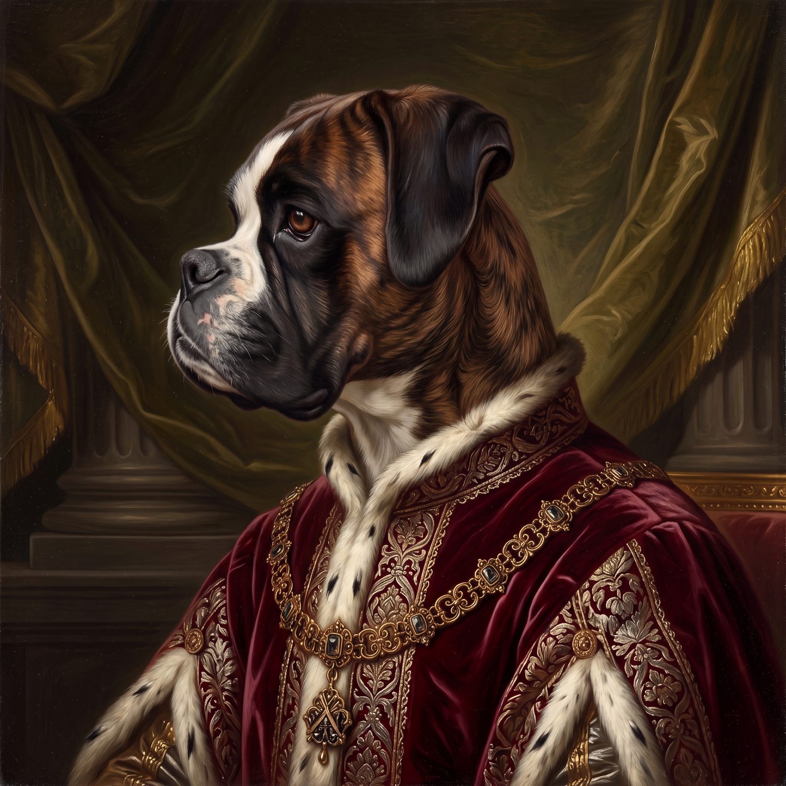 Royal style custom dog portrait of a Boxer in a velvet cloak