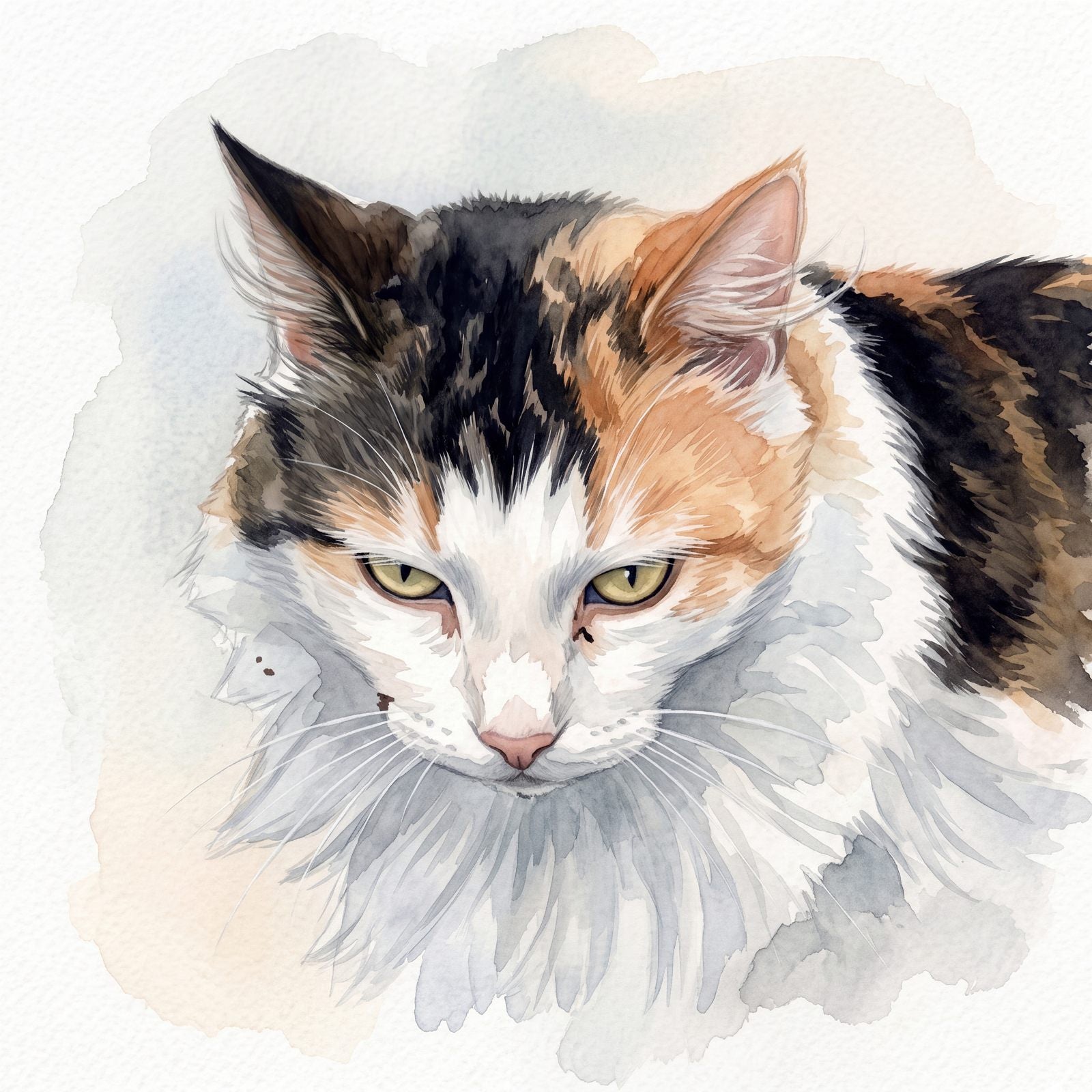 Watercolor custom cat portrait of a calico cat