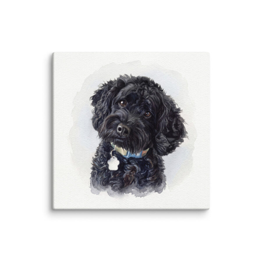 Example of a 20 x 20 inch gallery-wrapped canvas: a watercolor portrait of a black dog