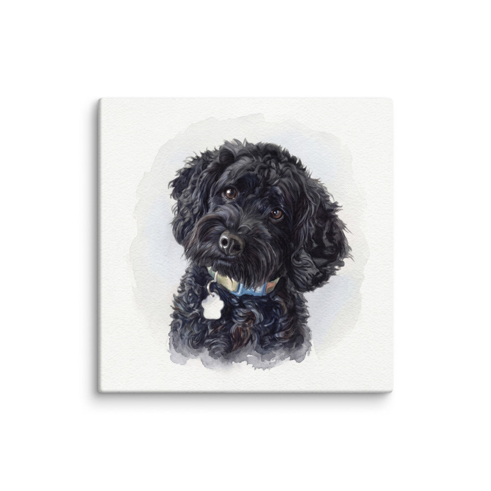 Example of a 20 x 20 inch gallery-wrapped canvas: a watercolor portrait of a black dog