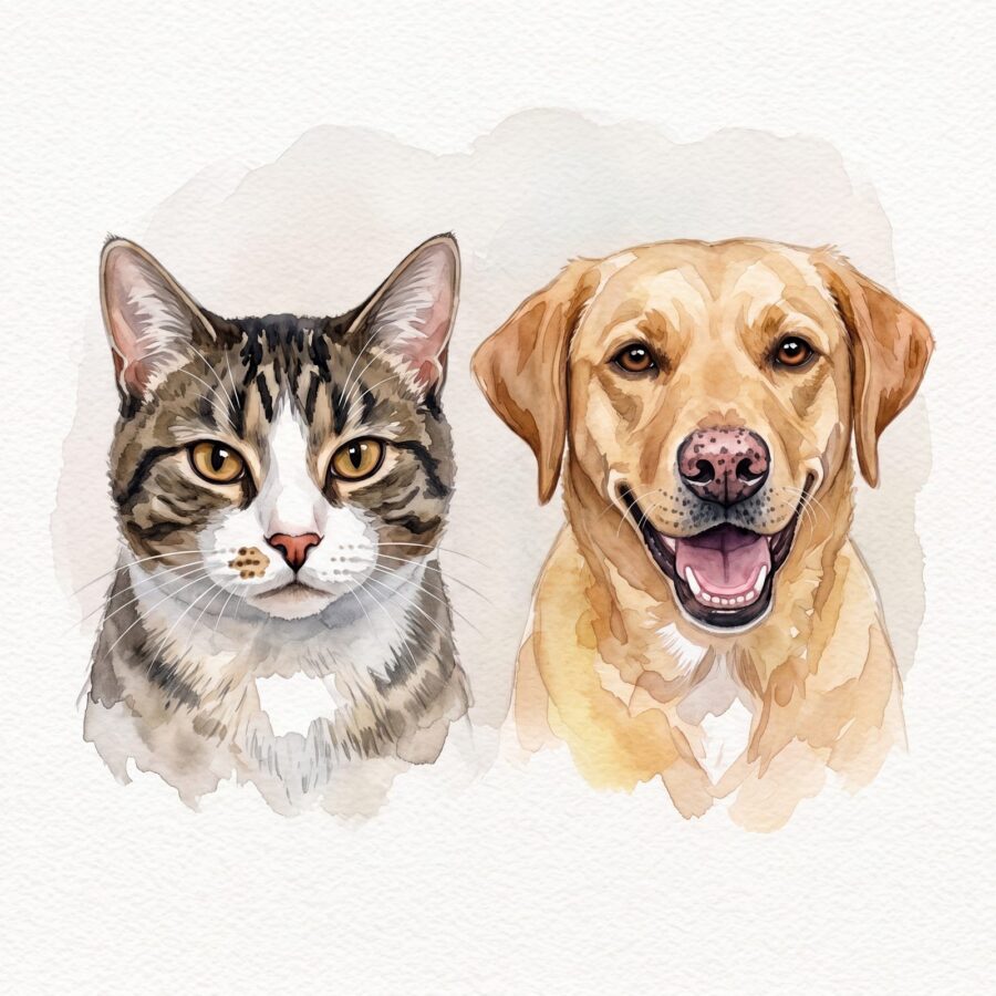 Watercolor portrait of a cat and a Labrador