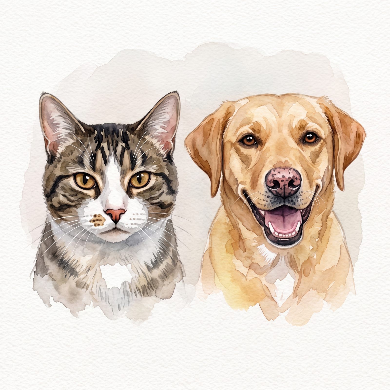 Watercolor pet portrait of a tabby cat and a yellow Labrador together