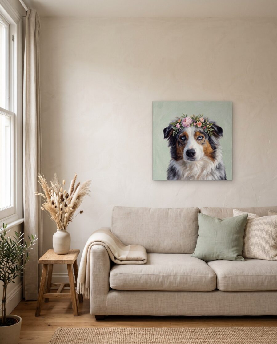 Floral portrait of an Australian Shepherd on a 24 x 24 canvas above a sofa