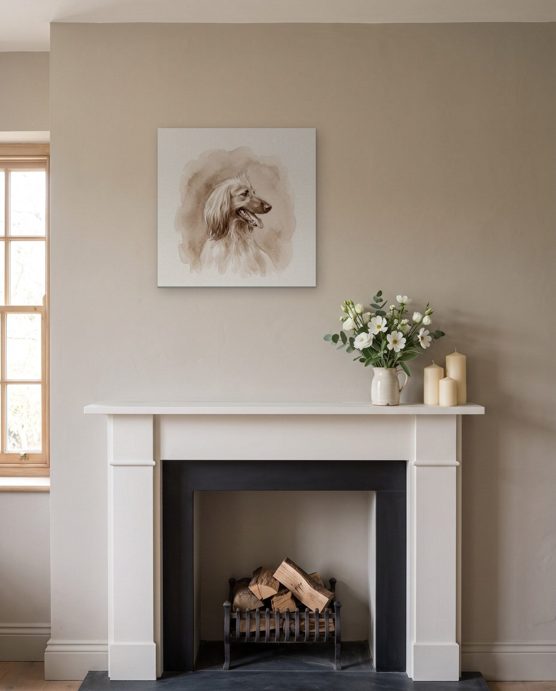 Sepia watercolor portrait of a dog on a canvas above a mantel, in memory