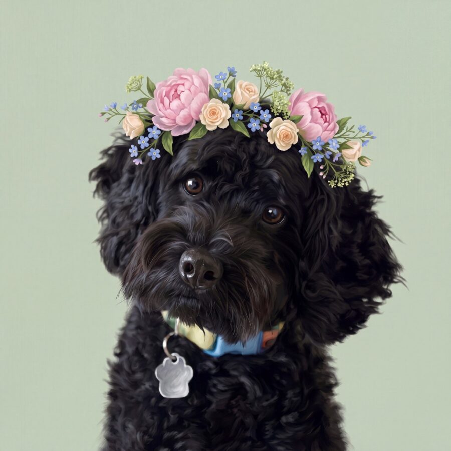 Floral portrait of a black curly-coated dog