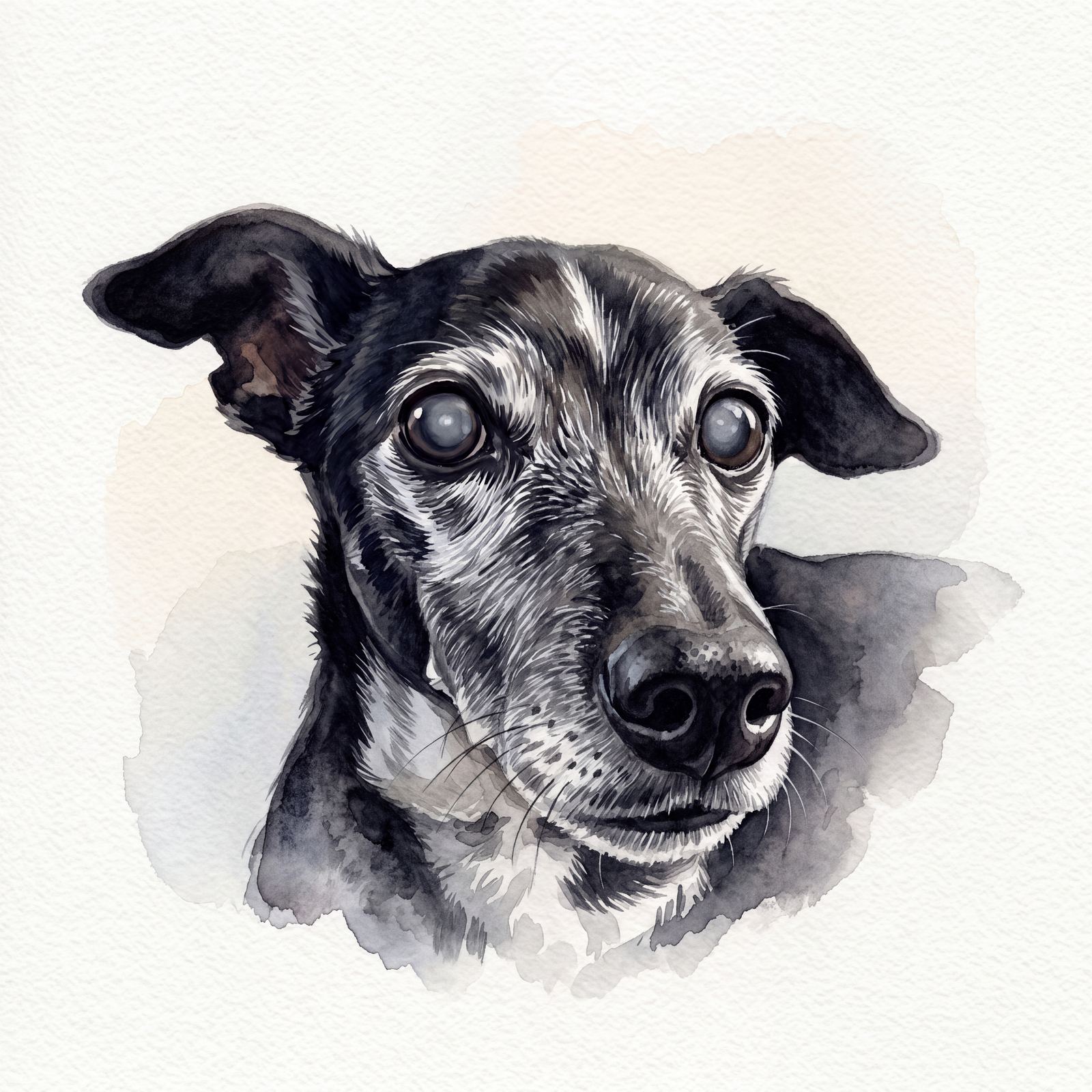 Watercolor memorial portrait of a senior dog with a grey muzzle