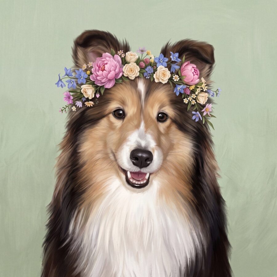 Floral portrait of Shetland Sheepdog